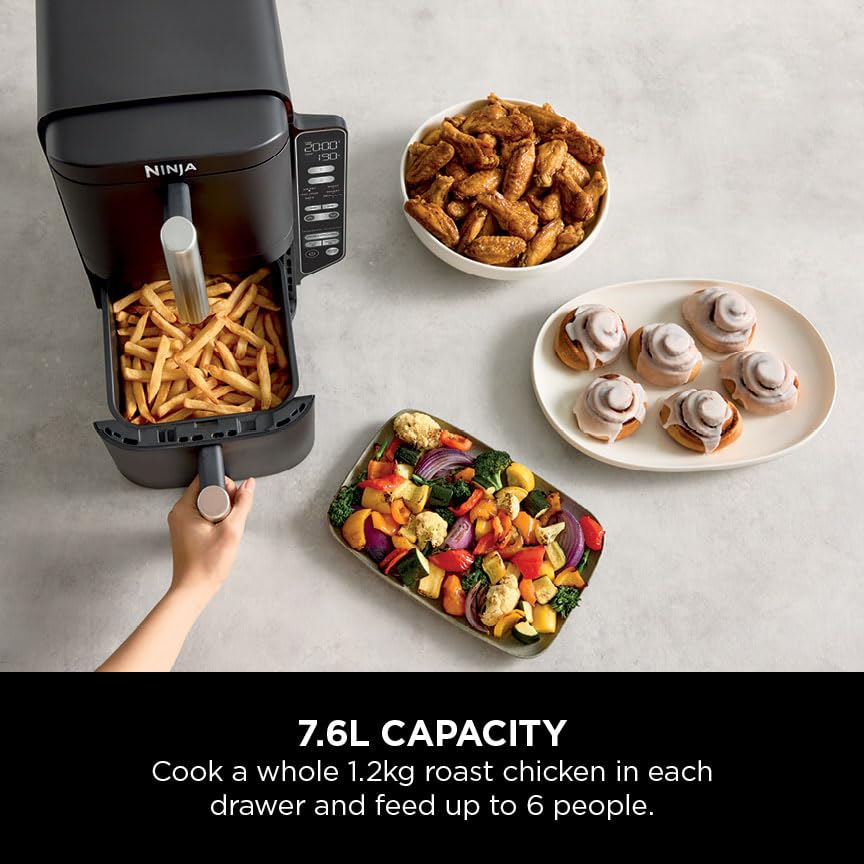 Ninja Double Stack Air Fryer, Vertical Dual Drawer Air Fryer with 4 cooking levels, 2 Drawers and 2 Racks, Space Saving Design, 7.6L Capacity, 6 Cooking Functions, 6 Portions, Black SL300UK