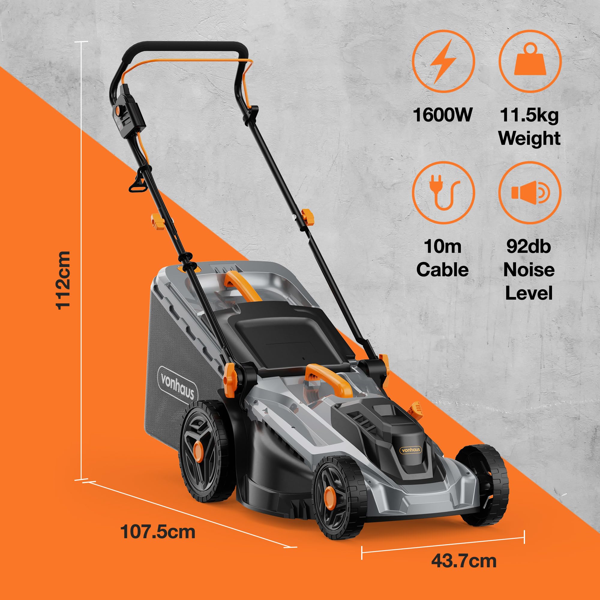 VonHaus Lawnmower 1600W – Electric Corded Lawn Mower for all Types of Grass – 42L Collection Bag, 380mm Working Width, 10m Cable, Foldable Height Adjustable Handlebar, 5 Depth Settings, Carry Handle
