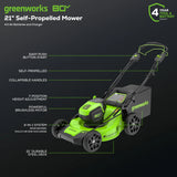 Greenworks 80V 21″ Cordless Battery Brushless Self-Propelled Mower 3pc Combo Kit