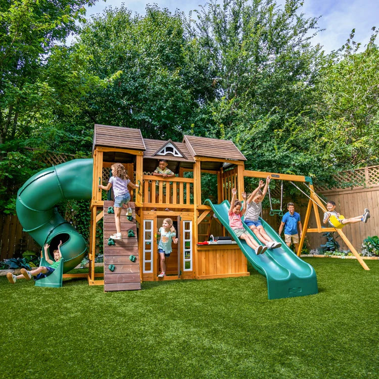 KidKraft Adventure Bend Two-Story Wood Swing Set with Clubhouse, Triple Slide, and Acrobar
