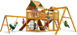Gorilla Playsets Pioneer Peak Treehouse Wooden Swing Set with Tire Swing, and Clatter Bridge and Tower