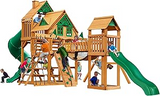 Gorilla Playsets Pioneer Peak Treehouse Wooden Swing Set with Tire Swing, and Clatter Bridge and Tower