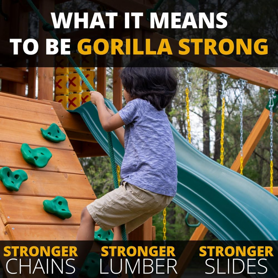 Gorilla Playsets Mountaineer Treehouse Wooden Swing Set with Tube Slide, Rope Ladder, and Sandbox