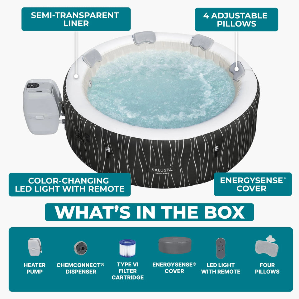 Bestway SaluSpa Hollywood Luxe 4-6 Person Inflatable Hot Tub, Round Energy-Efficient Spa, 77″ x 26″