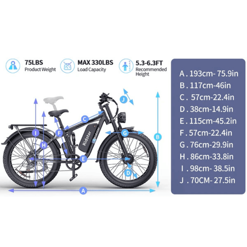 Ridstar E26 PRO Electric Bike 48V 23Ah Battery 1000W*2 Dual Motors 26*4.0inches Tires 50-75KM Max Mileage 15