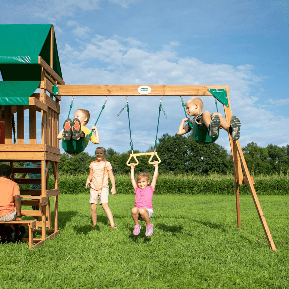 Canyon Creek All Cedar Swing Set Playset w/ Rockwall Upper Fort Belt Swings Web Swing Gray Wave Slide, and Play Kitchen