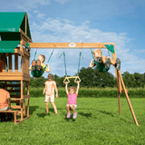Canyon Creek All Cedar Swing Set Playset w/ Rockwall Upper Fort Belt Swings Web Swing Gray Wave Slide, and Play Kitchen