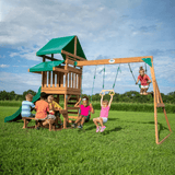 Canyon Creek All Cedar Swing Set Playset w/ Rockwall Upper Fort Belt Swings Web Swing Gray Wave Slide, and Play Kitchen