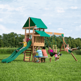 Canyon Creek All Cedar Swing Set Playset w/ Rockwall Upper Fort Belt Swings Web Swing Gray Wave Slide, and Play Kitchen