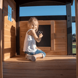 Canyon Creek All Cedar Swing Set Playset w/ Rockwall Upper Fort Belt Swings Web Swing Gray Wave Slide, and Play Kitchen