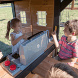 Canyon Creek All Cedar Swing Set Playset w/ Rockwall Upper Fort Belt Swings Web Swing Gray Wave Slide, and Play Kitchen