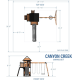 Canyon Creek All Cedar Swing Set Playset w/ Rockwall Upper Fort Belt Swings Web Swing Gray Wave Slide, and Play Kitchen